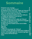 Aperçu du sommaire du Guide Tao Vallée de l'Hérault / Saint-Guilhem le Désert, présentant les chapitres par région, des conseils pratiques et des expériences durables en vallée de l'Hérault et à st guilhem le désert